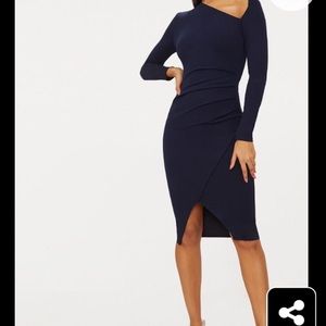 Navy Blue asymmetric neck pleated wrap midi dress